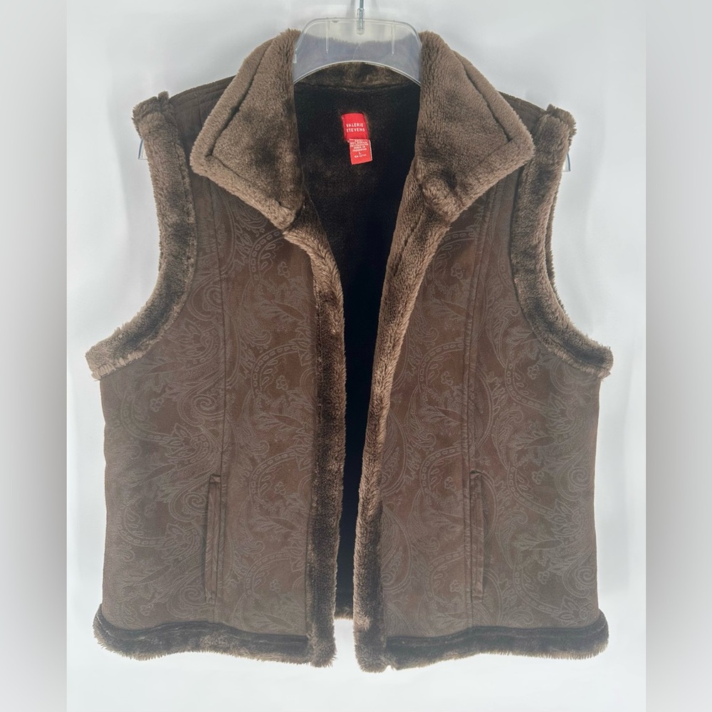 Valerie Stevens Womens Brown Faux Suede Vest Sherpa Lined Large Excellent